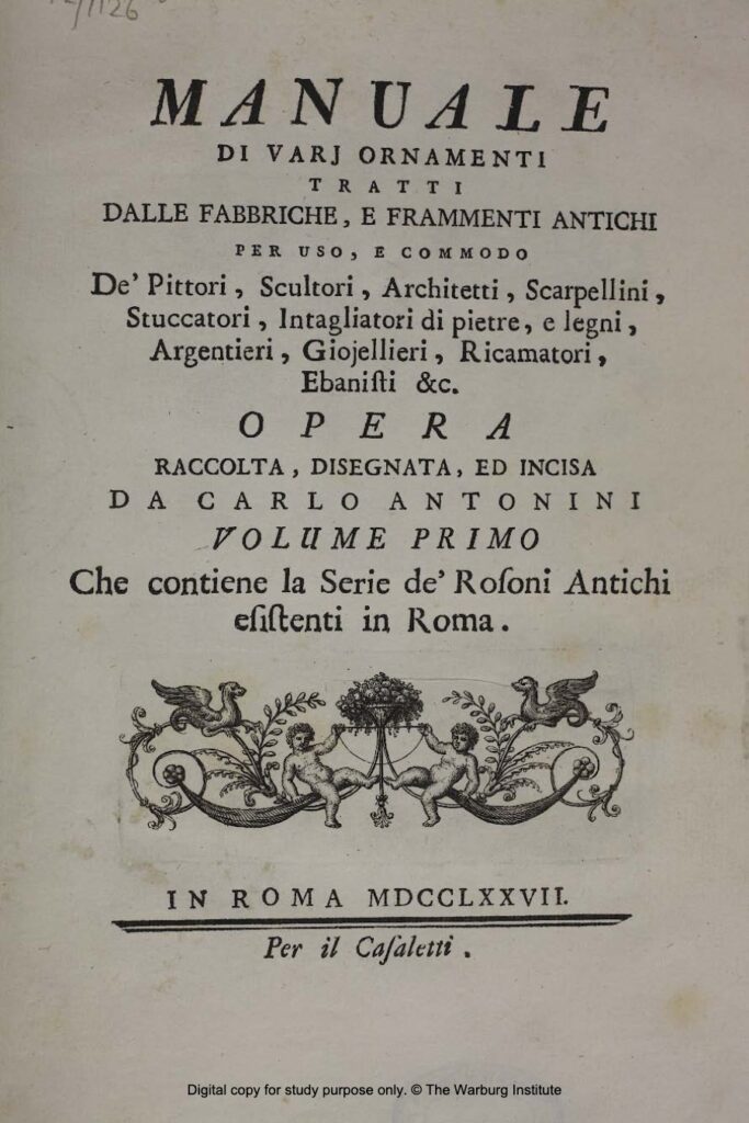 Antonini, Manuale di varj ornamenti tratti dalle fabbriche, e frammenti antichi (1777)