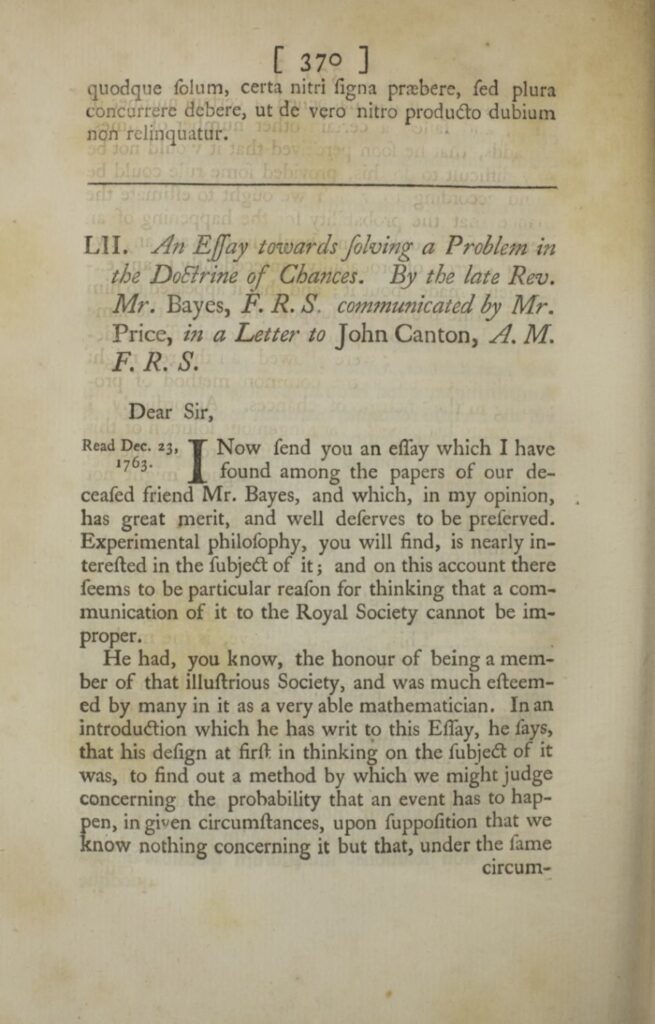 Bayes, An Essay towards solving a Problem in the Doctrine of Chances – cover